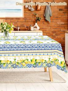 1pc Lemon Plastic Tablecloth, Yellow & Blue Floral Geometric Pattern Rectangular Disposable Table Cover, Italian Theme Decor, Mediterranean Blue Summer Home Kitchen Dining Table Decor, Wedding Bridal Shower Party Supplies - Multicolor - View 8