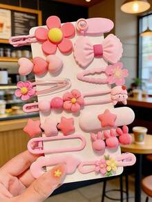 14pcs/Set Girls Pink Heart, Star, Flower Hair Clips, Suitable For Daily Wear Or Party - Pink - View 7