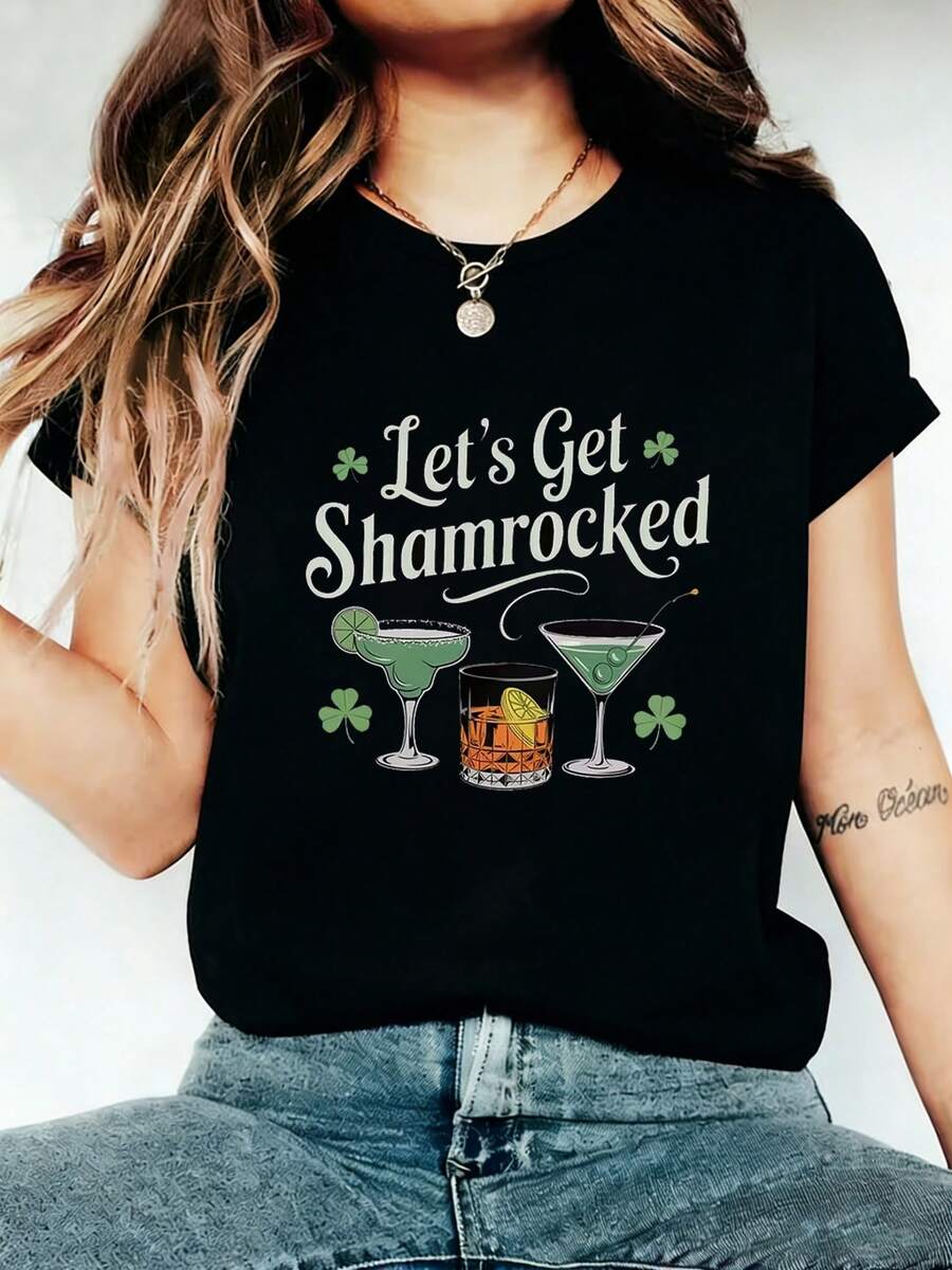 Camiseta de manga corta con cuello redondo casual para mujer, con estampado de trébol de cuatro hojas y patrón de carnaval "Vamos a emborracharnos", para uso diario, ocio y regalo del Día de San Patricio, ideal para la celebración del Día de San Patricio - Negro - Ver 1