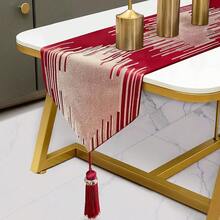Elegant Christmas Red Table Runner 120 Inches Long Abstract Geometry Embroidery Pattern With Handmade Tassels Thick Fabric For Home Living Room Bedroom Dinner Room Art Decor Christmas - 紅色的 - 查看 1