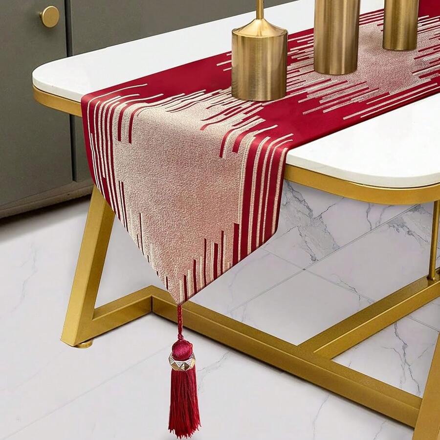 Elegant Christmas Red Table Runner 120 Inches Long Abstract Geometry Embroidery Pattern With Handmade Tassels Thick Fabric For Home Living Room Bedroom Dinner Room Art Decor Christmas - 紅色的 - 查看 1