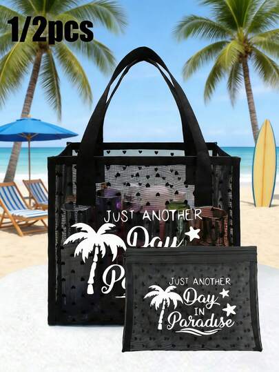 1/2pcs Set Breathable Beach Mesh Tote Bag, Mesh Cosmetic Bag, Beach Vacation Patchwork Design, Ocean Star Faux Pearl & Letter Print, Large Capacity Foldable Women Shoulder Handbag, Suitable For Beach Picnic Vacation, Waterproof Multipurpose, Suitable For Teenagers Students Office Travel Shopping, Mother''s Day Gift
