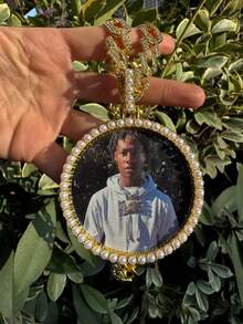 1pc Custom Extra Large Faux Pearl Round Photo Frame, Men's Hip Hop Style Round Pendant Necklace With Brass Cubic Zirconia, Shiny , Comes With 20-Inch Cuban Chain Pendant - Pearl Photo Frame - View 8
