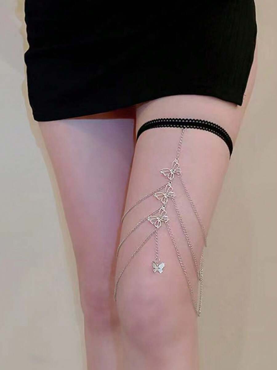 独特的欧美风格蝴蝶珍珠腿链，时尚个性化魅力腿链，百搭身体链饰品 - 彩色 - 查看 1