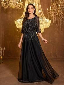 UNITHORSE [Estampa Aleatória] Vestido de Noite Feminino de Chiffon com Lantejoulas, Gola Redonda e Ajustado, Preto, para Casamento e Festa - Preto - Visão 4