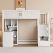 Solid Wood Loft Bed 90 X 200 Cm, Unique Safety Rail With Window, With Storage Cupboards, Desk And Drawers, Side Safety Ladder (Reversible Left Or Right), White - White - View 12