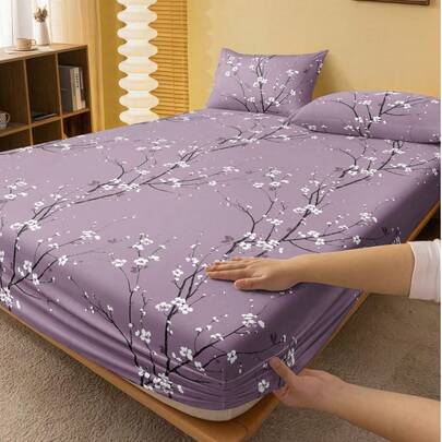 1件紫色梅花图案床笠，优雅床垫保护套，适合情人节，适用于所有床型——双人床、标准双人床、大号双人床、特大号双人床，11.8英寸深口袋，柔软透气，抗皱，促进睡眠，可机洗，宿舍理想之选