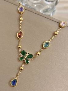 1Pc Luxury Delicate Colored Zirconia Clover Butterfly Anklet For Women, 18K Gold Plated Stainless Steel With, Elegant Mom Gift, For Valentines, Party, Gala, Daily, Dating, Mother's Day, New Years, Wedding, Beach, Christmas Anniversary, Boho Jewelry Birthday Bridesmaid Gift - Multicolor - View 2