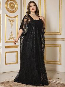 SUPGIR Plus Size Sequin Embroidered Halter Convertible Dress & Shawl, Random Floral Pattern Black Wedding Spring Party - Black - View 5