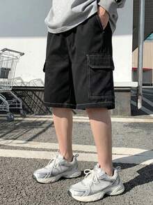 Boys & Teens Loose Fit Cargo Shorts, Casual Knee Length Pants For Spring/Summer - Black - View 1