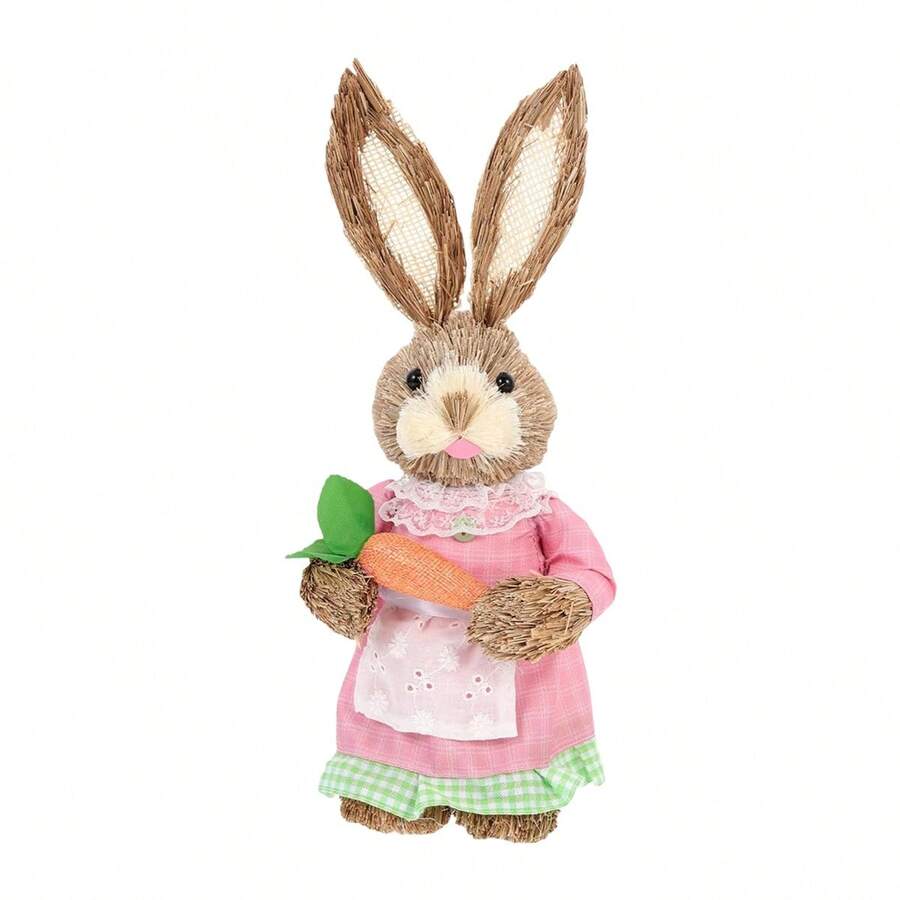 Easter Straw Bunny Decoration Cute Rabbit Holding Carrot Figurines Table Centerpiece For Home Farmhouse Office Kitchen Spring Tiered Tray Decor - A - View 1