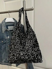 Korean Bling Bling Shoulder Bag, Large Capacity Gold Thread Sequin Design Tote Handbag, Suitable For Work Commute, Travel, Back To School - Silver - View 2