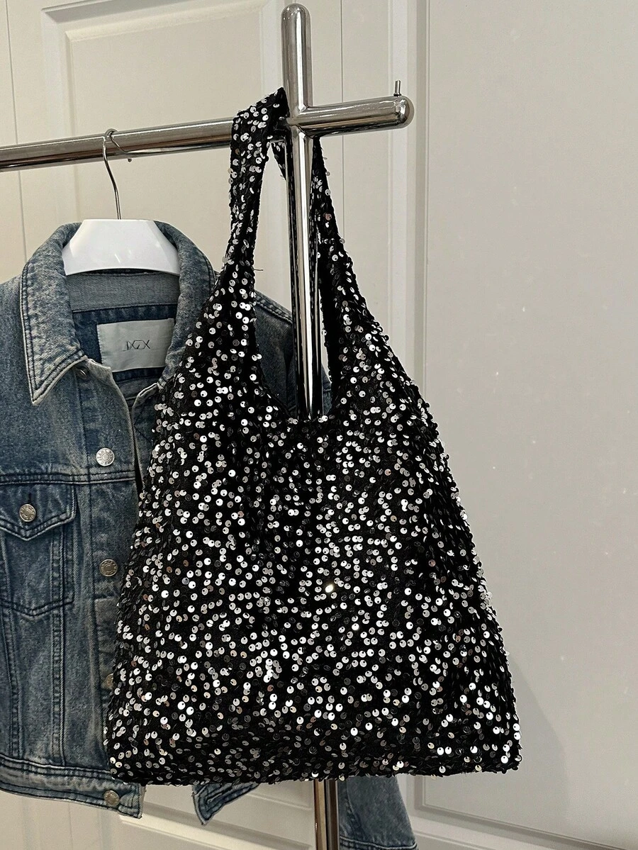 Korean Bling Bling Shoulder Bag, Large Capacity Gold Thread Sequin Design Tote Handbag, Suitable For Work Commute, Travel, Back To School