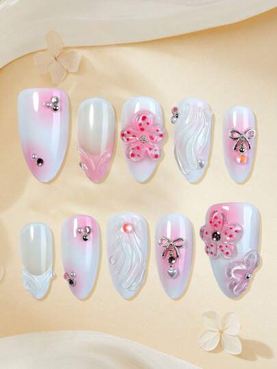 10pcs French Floral Medium Almond Shaped Nail Stickers, Handmade Acrylic Nail Art Stickers, Y2K Holographic DIY Nail Sticker Set, 3D Embossed Effect, Flower & Bow Decor With White Beads, Rhinestone Design, Full Coverage Classic Style, Reusable, Suitable For Nail Salons, Girls & Ladies Daily Nails, Dates, Holidays & Gifts, Nail Art Set, Nail Supplies, Nail Art
