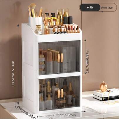Organizer cosmetico a 3 ripiani - Ampia capacità, dispenser a prova di polvere per prodotti di trucco e cura della pelle, mobile di stoccaggio in materiale PP tutto in uno per il comò
