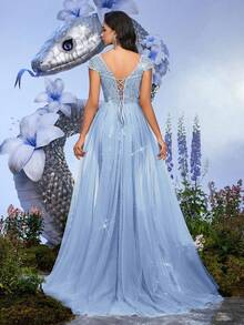 Robe de soirée élégante et formelle pour femmes avec sequins et perles, robe de bal maxi sirène scintillante, dos lacé, pour invitée de mariage, remise des diplômes, banquet et cocktail - Bleu ciel - Voir 3