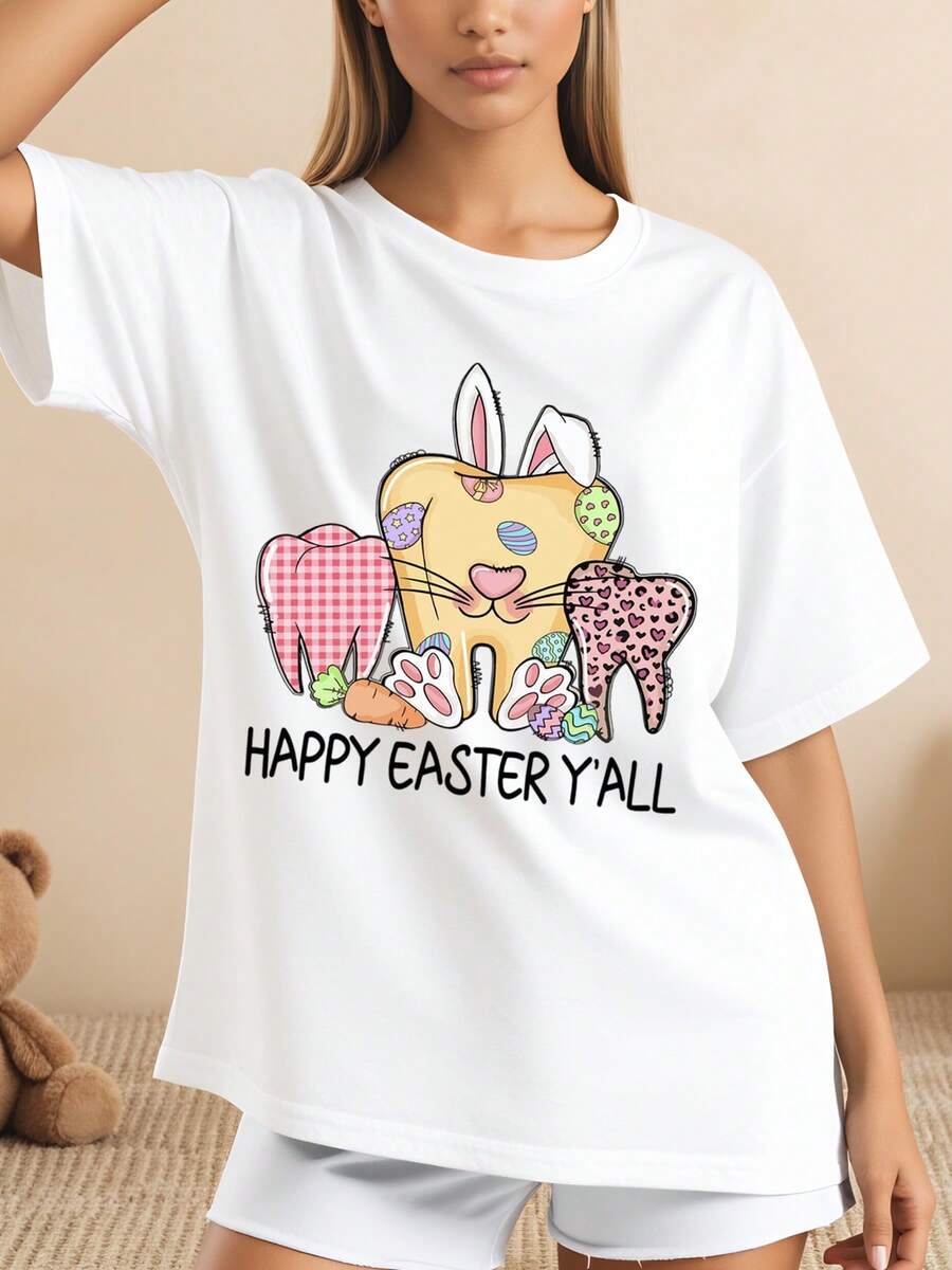 Conejito de Pascua con huevos y texto Happy Easter Yall Pascua Blanco Camiseta holgada Estilo divertido y colorido Mujeres Casual Vacaciones 220g - Blanco - Ver 1