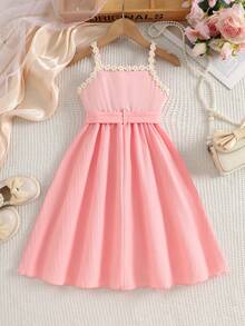 Đầm công chúa mùa hè mới cho bé gái, kiểu dáng hoa cúc, dây đeo vai, màu hồng nhạt, có nơ. - Màu Hồng baby - Xem 2