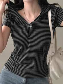 条纹连帽纽扣短袖T恤，百搭休闲宽松上衣 - 灰色 - 查看 6