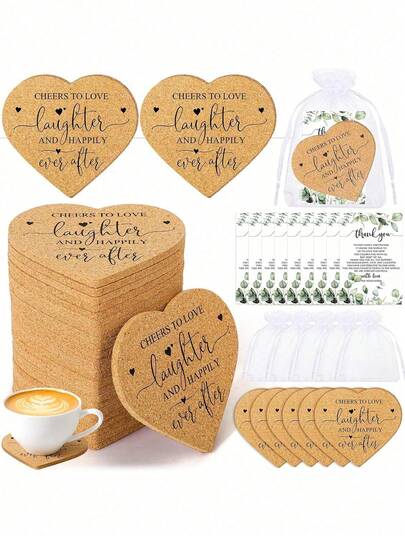 1/3/18/36pcs Set Wedding Guest Gifts Heart Shaped Coasters With Storage Bag And Thank You Cards, Suitable For Wedding Party Or Anniversary, Bulk Heart Coasters Thank You Cards Silk Bags Wedding Favors