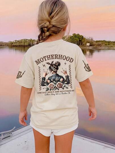 1 st flickor casual blommig & dödskalletryck rund hals kortärmad t-shirt, sommar student små barnkläder