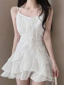 2025新款荷叶边吊带连衣裙，别致法式风格，显年轻，仙气十足的A字裙摆，娇小高腰白色夏季优雅连衣裙 - 白色 - 查看 2