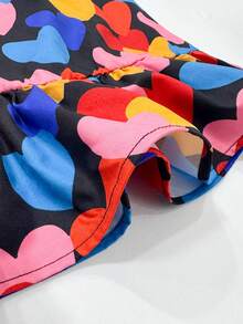 女童彩虹爱心印花连衣裙，短袖A字娃娃裙，荷叶边下摆，甜美公主风休闲度假百搭连衣裙 - 黑色 - 查看 9