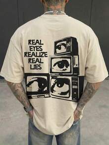 男士“看清真相，揭露谎言”标语印花落肩T恤，休闲街头风宽松版型，双面可穿，Y2K复古柔软触感，夏季款 - 杏色 - 查看 1