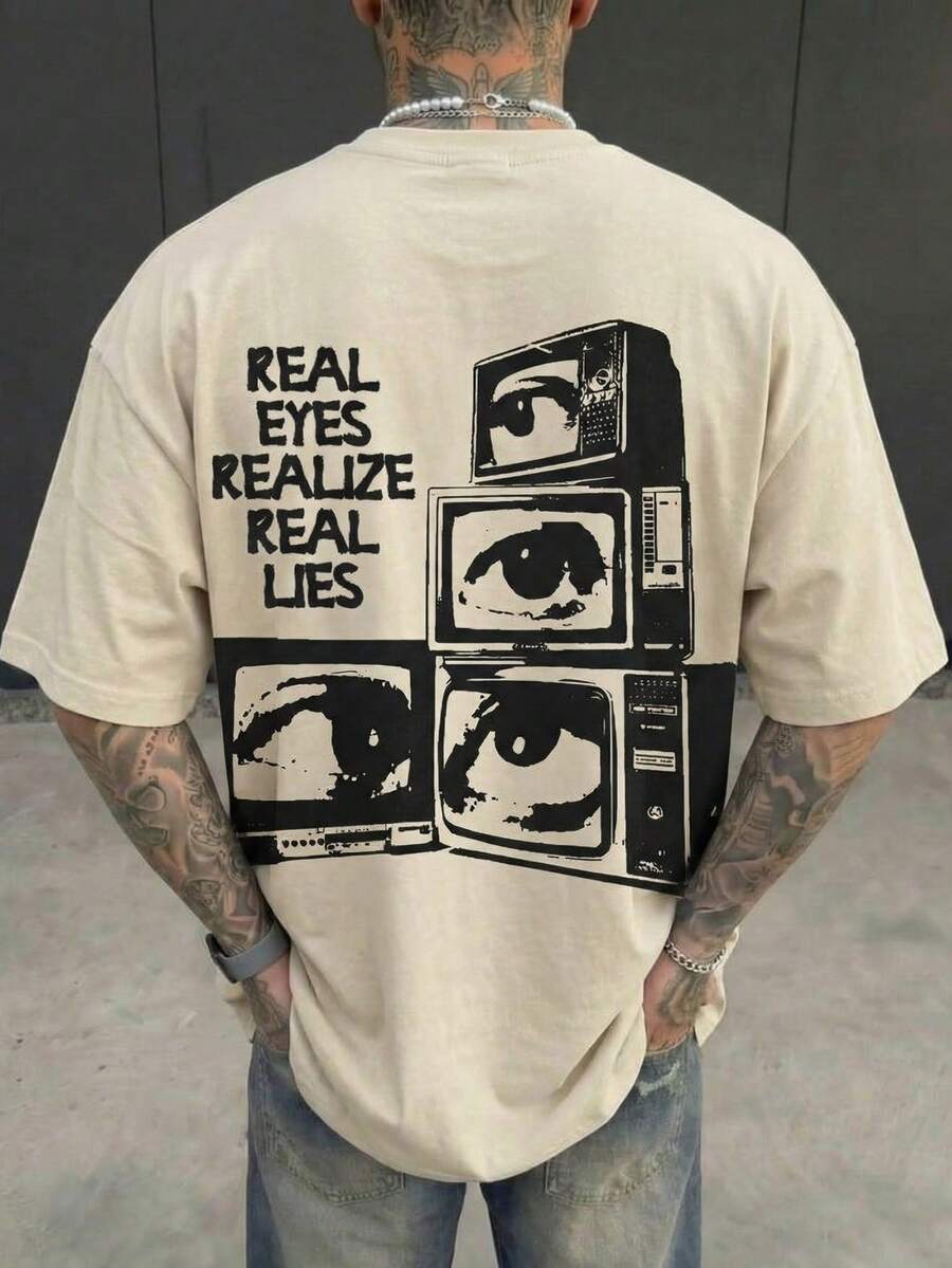 男士“看清真相，揭露谎言”标语印花落肩T恤，休闲街头风宽松版型，双面可穿，Y2K复古柔软触感，夏季款 - 杏色 - 查看 1