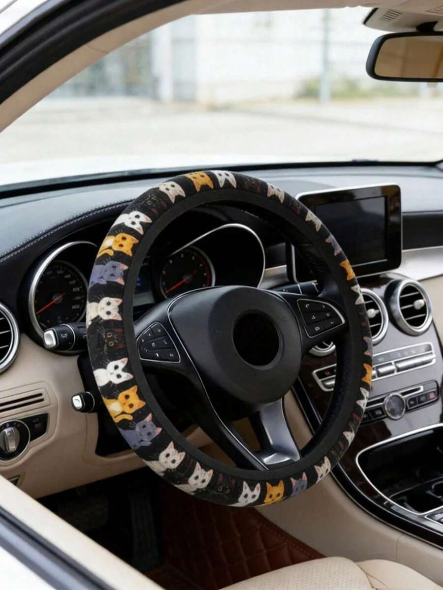 Cute Cat Pattern Comfortable Grip Fashionable Neoprene Material Car Steering Wheel Cover, Fits Most Vehicles - A - View 1