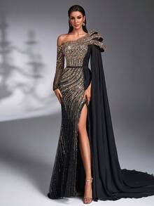 New Fashion Luxury Elegant Contrast Color Sequin Bead Embroidery Fabric Patchwork Chiffon Flutter Sleeve Side Ruched Design Fitted Waist Belt High Slit To Thigh Formal Evening Gown For Banquet Party Birthday Wedding Event Red Carpet Bachelorette Party Holiday Ball Ceremony (Heavy Workmanship Style) - Black - View 7