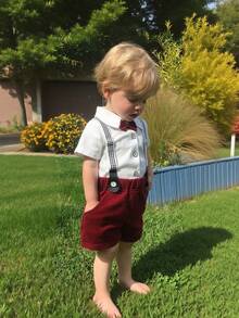 Infant Boy Gentleman Style 2Pcs Summer Set. Short Sleeve Collared Shirt & Suspender Shorts With Pocket. Suitable For Formal Occasions, Everyday Wear, And Holiday Parties. - 酒紅色 - 查看 9