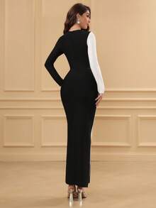 Love Aing 女士优雅黑白正式晚礼服，长袖奢华鸡尾酒会礼服，饰有手工水钻链，适合婚礼宾客、正式场合穿着 - 黑白 - 查看 9