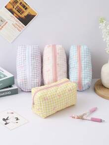 1 pieza Estuche de lápices elegante con diseño de lazo a cuadros rosa, bolsa de almacenamiento de papelería para estudiantes, decoración de escritorio y artículo esencial para oficina, imprescindible para volver a la escuela - Una pieza - Ver 9