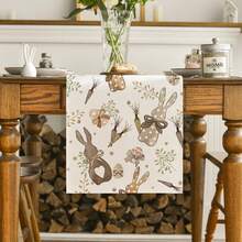 1 pieza Camino de mesa de Pascua, diseño de conejo, eucalipto, zanahoria y huevo, de textura de lino, decoración de primavera para la cocina, decoración para fiesta al aire libre, adecuado para decoración del hogar, mesa familiar - Marrón - Ver 3