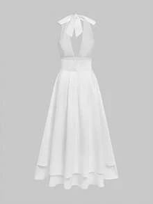 QUNGIGU Đầm midi cổ yếm cho nữ, cổ chữ V sâu, lưng hở, dáng chữ A, chân váy xòe hai lớp, trang phục thanh lịch mùa hè dự tiệc cocktail, đám cưới. - trắng - Xem 7