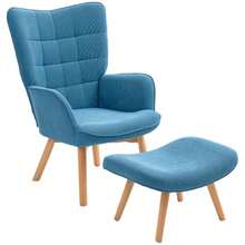 Sessel Mit Hocker, Ohrensessel Mit Hoher Rückenlehne, Holzbeine, Loungesessel Mit Getuftetem Design, Cord-Optik, Für Wohnzimmer, Blau - Blue - View 1