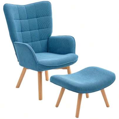 Sessel mit Hocker, Ohrensessel mit Hoher Rückenlehne, Holzbeine, Loungesessel mit getuftetem Design, Cord-Optik, für Wohnzimmer, Blau
