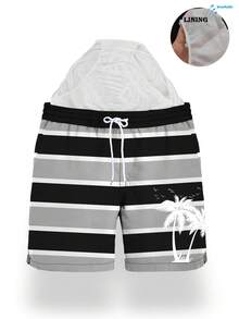 Pantalones cortos de verano para hombres con estampado de árboles de coco, cintura con cordón, bolsillos en diagonal, secado rápido, doble capa con malla, estampado de arte 3D a color, ropa de playa casual y elegante - Multicolor - Ver 3