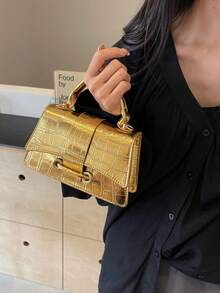 Gold Crocodile-Texture Top Handle Bag | Elegant Structured Shoulder Bag With Detachable Strap & Front Flap Closure | Chic Metallic Evening Purse For Women, Parties, Weddings, Date Nights | Premium Look Designer Style Handbag Shine In Style With This Stunning Gold Crocodile-Texture Handbag ! Featuring A Sleek Structured Silhouette And A Sophisticated Metallic Finish, This Versatile Bag Includes Both A Chic Top Handle And A Detachable Adjustable Shoulder Strap For Multiple Carrying Options. The Elegant Front Flap With A Secure Clasp Closure Adds A Touch Of Luxury, Making It Perfect For Special Occasions Like Weddings, Parties, Date Nights, Or Evening Events. Crafted With Attention To Detail And A Premium Look, This Bag Pairs Effortlessly With Dresses, Suits, Or Casual-Chic Outfits. - Nhiều màu - Xem 5