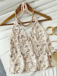 2026 Spring/Summer New Sequin Embroidered Tie-Front Plunge V-Neck Backless Camisole Top, Elegant Women's Summer Vacation, Beach, Party, Festival Outfit - Beige - View 7