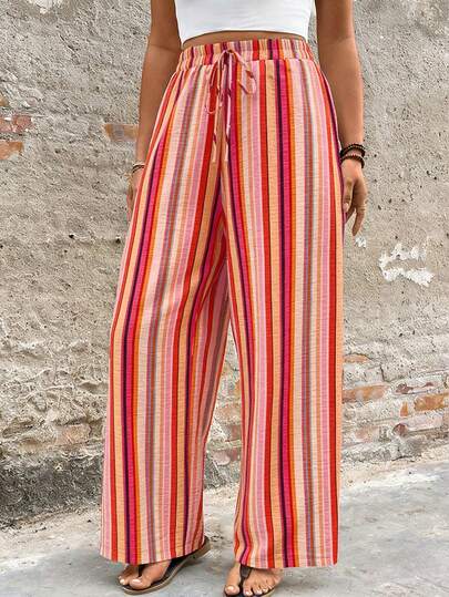 女士休闲度假风撞色条纹印花系腰宽松阔腿裤