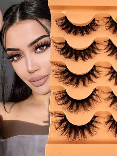 5对奢华俄罗斯DD卷翘仿貂毛假睫毛，自然浓密，柔软交叉，可重复使用，打造猫眼妆效，纤长浓密，适合日常、派对、舞台和旅行妆容，必备眼妆单品，精美礼品