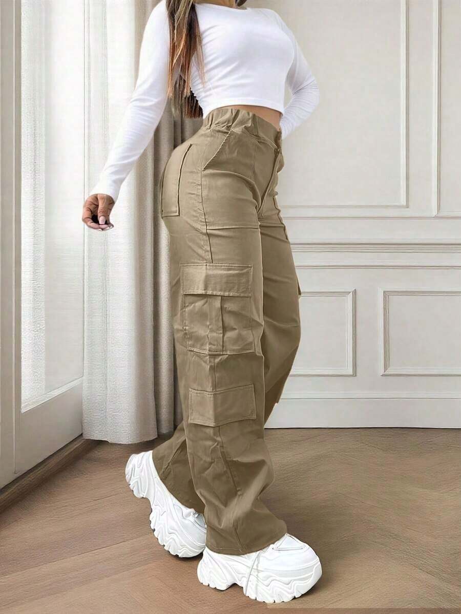 Solid-Color Multi-Pocket Buttoned Casual Y2K Leisure Elegant And Cute Work Pants.Suitable For Back-To-School, Clubs, Birthday Parties, Halloween, New Year, Thanksgiving, Concerts, Gyms, Beaches, Vacations, Business, Daily Airport Wear, Street Style, Teacher's Day, Spring, Summer, Autumn And Winter. - 檸檬綠 - 查看 1