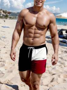 男士3英寸抽绳泳裤，速干双层网眼内衬，夏威夷海鸥撞色3D数码印花，休闲假日户外休闲短裤 - 紅色 - 查看 2