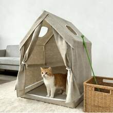中小型封闭式宠物帐篷，四季透气舒适宠物屋，可拆卸易安装室内宠物床，猫狗防焦虑休息庇护所 - 橄欖綠 - 查看 7