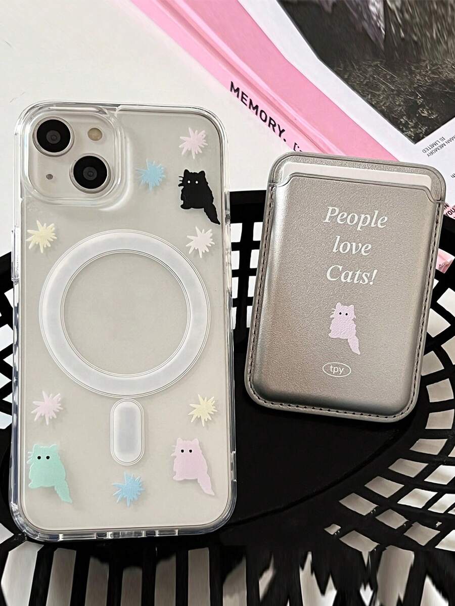 1个透明磁吸手机壳，可爱猫咪图案 + 磁吸PU皮革卡套，防震TPU保护套，兼容 11/12/13/14/15/16/17/Pro Max - 無色 - 查看 1