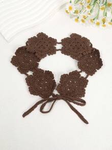 1pc Handmade Crochet Headband - Hollow Flower Design - Adjustable Tie - Boho Style Hair Accessory - Vacation & Photography Prop Fashion Hair Band - Brown - View 3