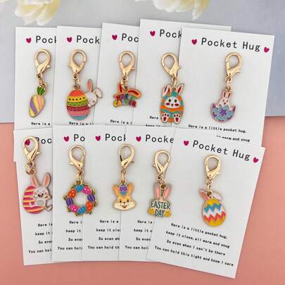 10件套复活节可爱兔子合金钥匙扣套装，附赠口袋拥抱感谢卡（含钥匙扣） - 龙虾扣，耐用锌合金 | 适合学生/上班族/朋友 | 适用于生日/考试/毕业/日常鼓励/节日祝福/异地关怀 | - 送给女性、教师、妈妈、闺蜜的贴心礼物