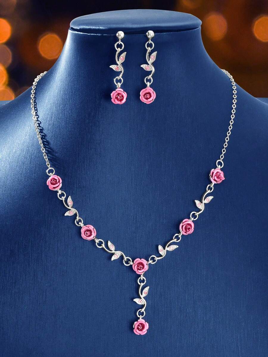 优雅周年纪念结婚首饰套装，银链花朵吊坠项链和垂坠耳环 - 玫紅色 - 查看 1